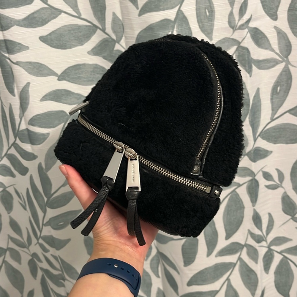 Michael Kors Shearling Fur Leather Trim Mini Backpack Black Silver
